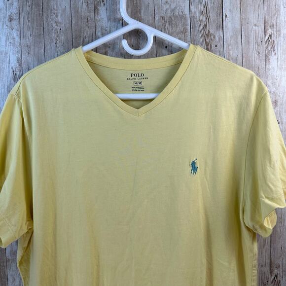 Polo Ralph Lauren T Shirt Mens M Yellow Pale‎ Blue Pony V-Neck Short Sleeve - Picture 3 of 7
